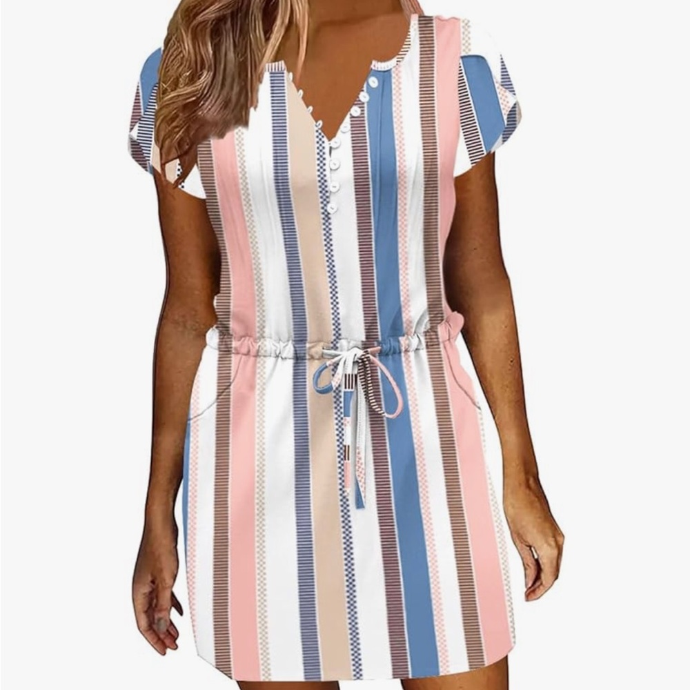Women's Amazon Colorful Striped Short Sleeve Dress w/ Drawstring & Buttons